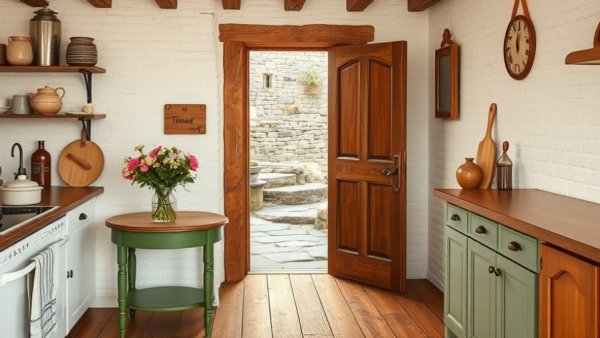 Rustic farmhouse kitchen interior with open door.