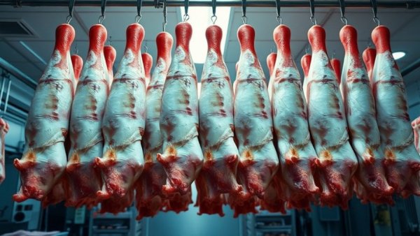 Pork carcasses in a processing facility; sustainable choice.
