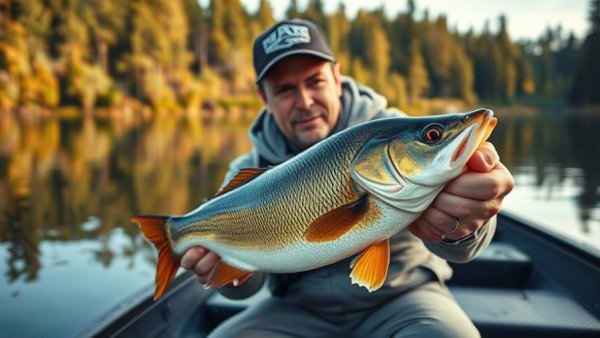 Fisherman catches fish during fishing tournament on calm water.