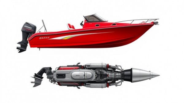 Comparison of sterndrive vs. outboard engines on red motorboat.