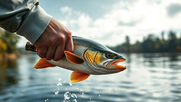 Angler catching fish with lightest spinning reel, water splash.