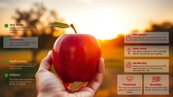 Healthy living guide featuring a hand holding a red apple at sunset.