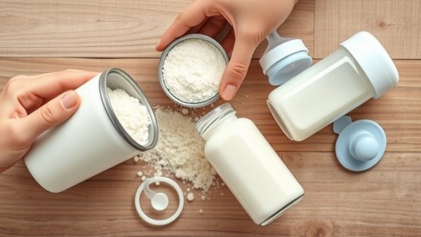 Infant formula preparation with bottles and pacifier on table.