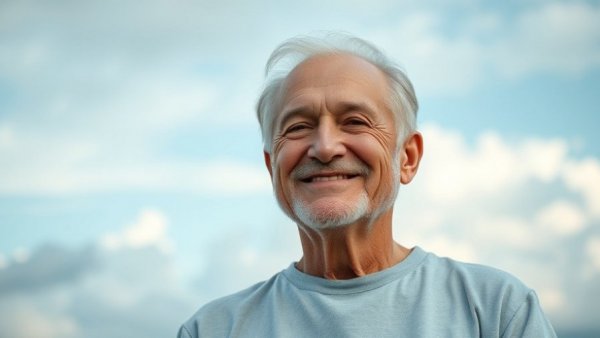 Older man promoting meditation and healthy living in calm setting.