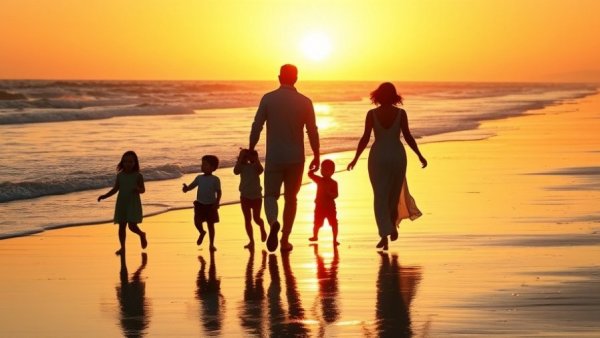 Family gratitude practices at sunset beach, creating memories.