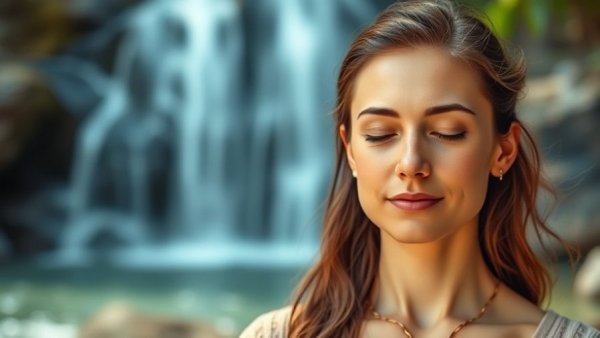 Guided meditation image with serene woman and waterfall backdrop.