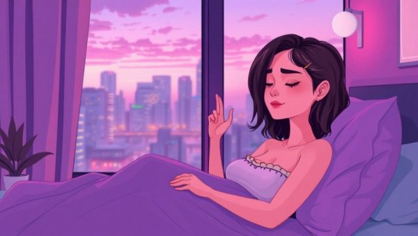 Mindfulness techniques for better sleep illustrated by a serene woman in a vibrant cityscape.