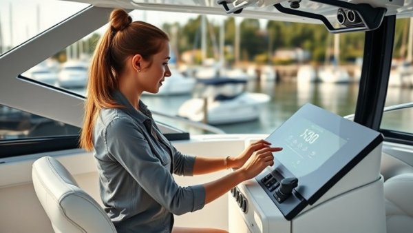 Woman navigating self-driving boat technology at dock.