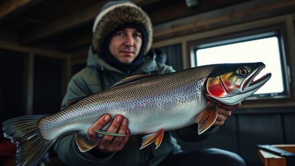 Man holding a large lake trout inside an ice fishing hut. Lake trout restoration.