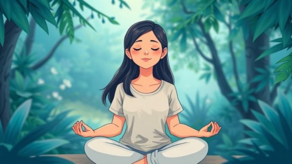Mindful young woman in serene nature setting, cartoon style.