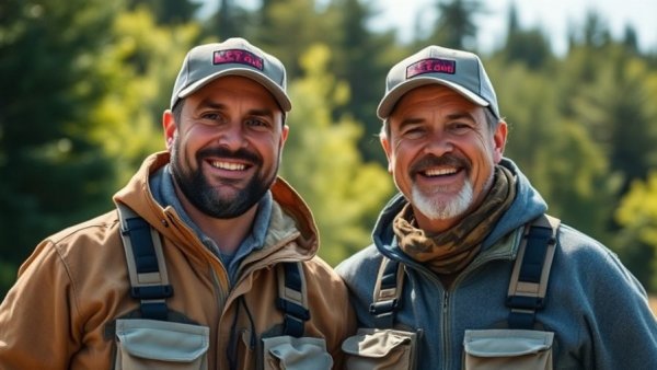 Two men in fishing gear smiling outdoors, Dion Hibdon obituary.