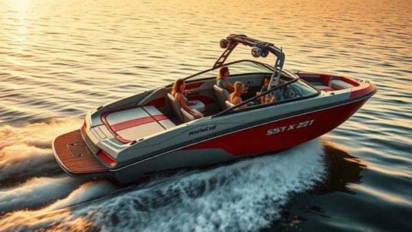 MasterCraft X22 boat cruising on a serene lake at sunset.
