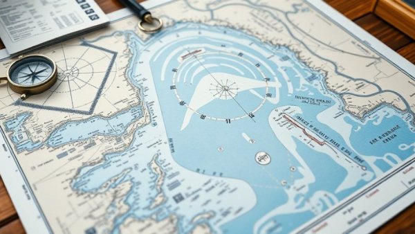Close-up view of a marine navigation chart with compass and tools for marine chart updates.