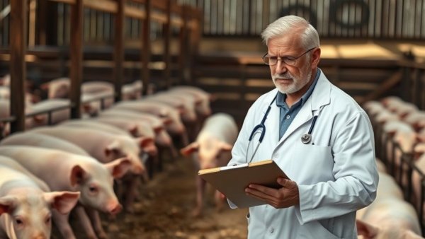 Veterinarian training with pigs on a farm, swine veterinary training focus.