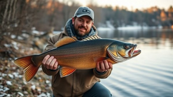 Arkansas Legacy Lunker Bass being handed between two men by the lakeside.