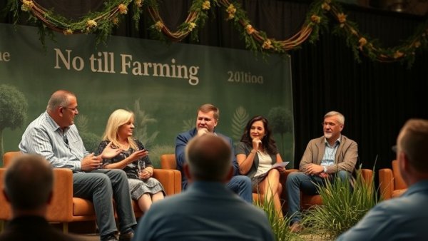 Panel discussion at no till farming conference, speakers engaged.