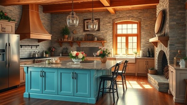 Charming rustic kitchen with stone fireplace in a farm home.