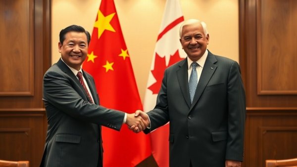 Diplomats from Canada and China shaking hands, symbolizing tariff reduction in canola seed trade.