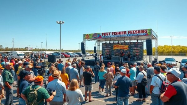 Fishing tournament award ceremony with audience at outdoor event.