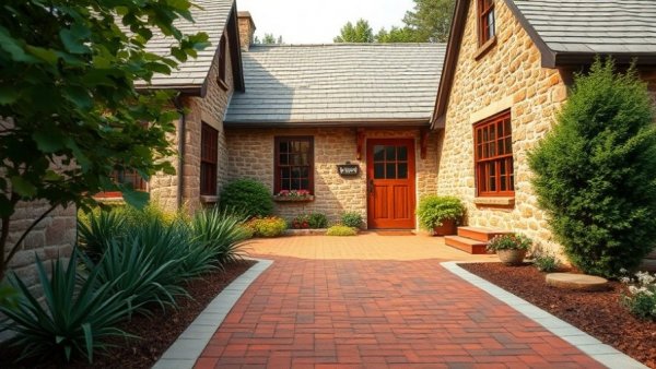 Charming farm home renovation with red brick path and greenery.