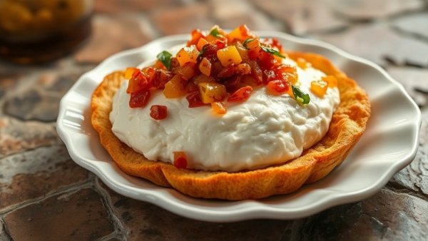 Fire and Ice menu idea: Spicy relish topped cheese on scalloped plate.