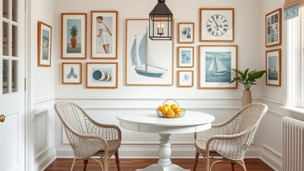 Cozy dining nook with gallery wall ideas, featuring a round table.