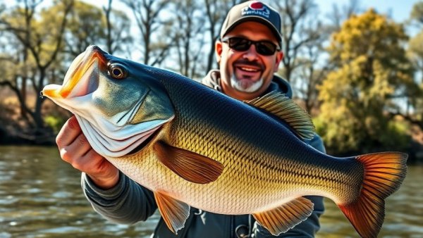Man showcasing a 15-pound bass caught by the river.