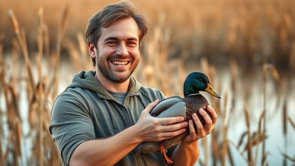 Man holding duck with a smile in Louisiana wetland at sunset.