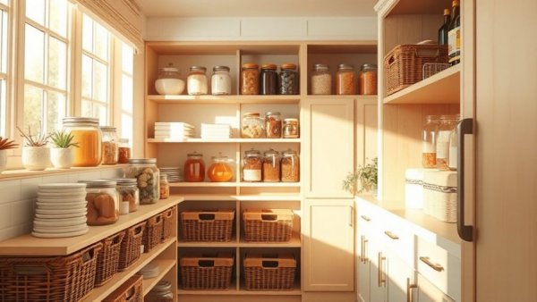 Organized pantry with jars and baskets in a sunlit kitchen.