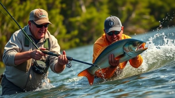 Competitive anglers in action during a fishing tournament.