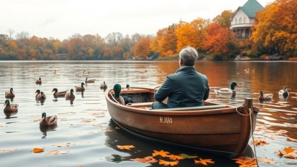 Watercolor of a person relaxing in a boat with ducks and autumn leaves, showcasing late-season boating advantages.
