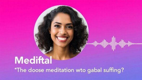 Meditation for Global Suffering promotional graphic with smiling woman.