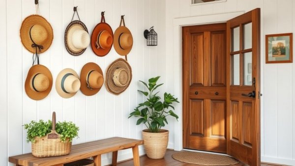 Charming Australian farm home entryway with rustic decor and plants.
