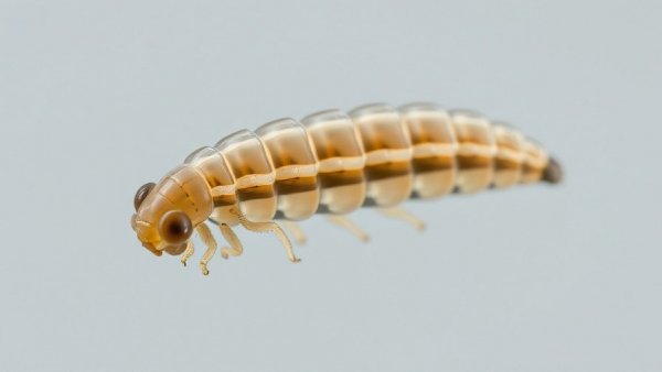 Close-up view of a segmented larva with translucent body