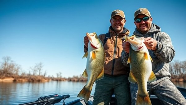 Anglers with large bass on a boat at Arkansas Legacy Lunker Bass Program lake.