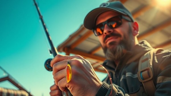 Fisherman prepares rods with lures for fishing tournament.