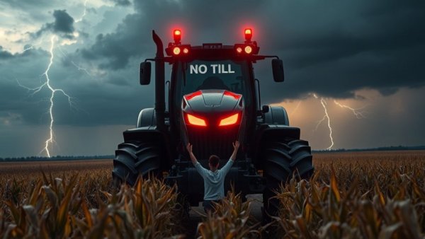 Futuristic tractor in a field promoting no till farming with stormy sky.