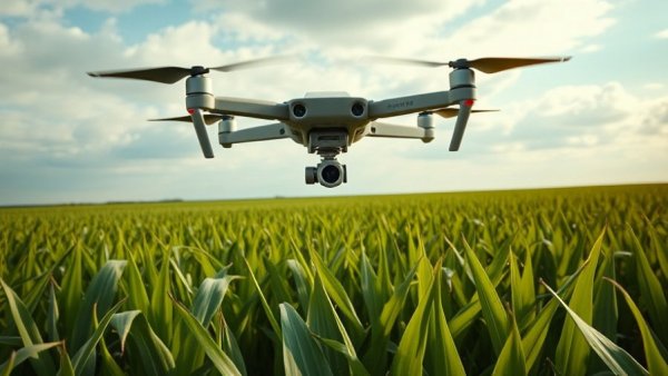 Drone monitoring a cornfield for precision farming insights.