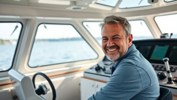 Smiling man in boat cockpit, enhancing customer experience at boat dealerships.