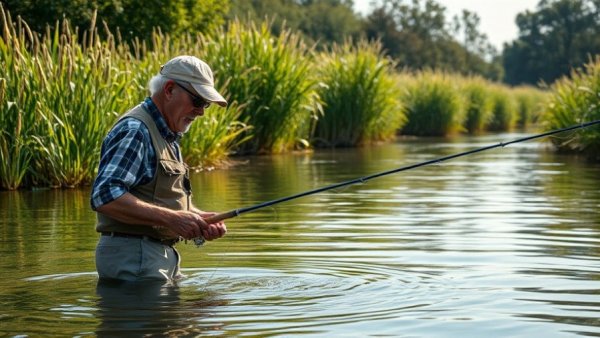 Louisiana fishing enthusiast casting line in tranquil river.