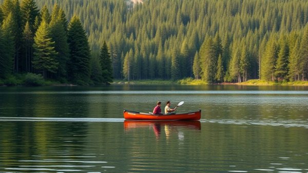 Serene canoeing near Minnesota Boundary Waters, dense forest backdrop.