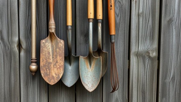Vintage gardening tools hanging on fence at Calico Ghost Town.