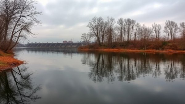 Riverside scene with a dam, trees, and overcast sky near fishing tournament areas.