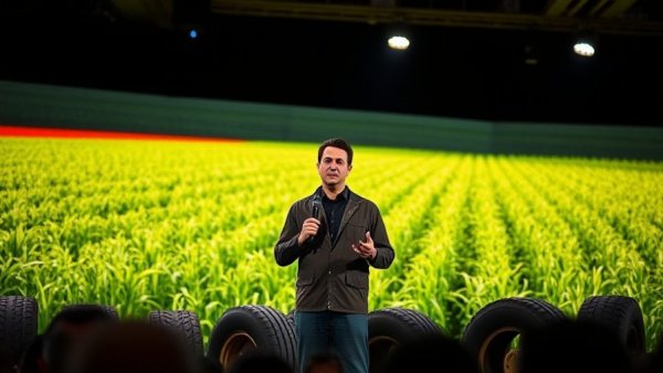 Speaker discusses tire pressure management at agriculture conference.