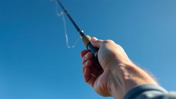 The Fly Fishing Show: Close-up of hand with fly fishing rod under blue sky.