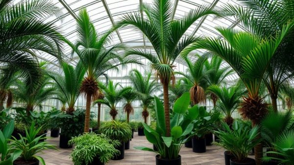 Indoor greenhouse with palm trees and lush greenery for farm families.