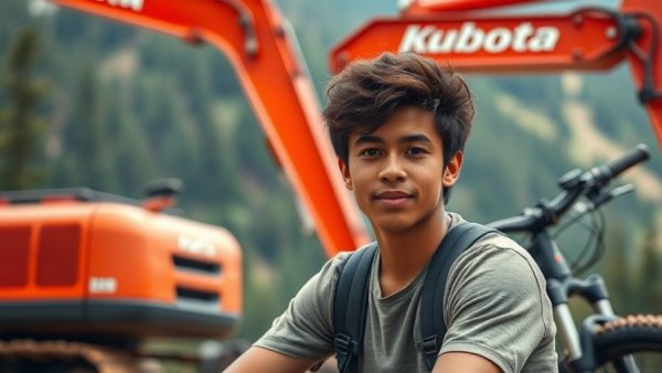 Kubota excavator and bike on mountain trail, partnership showcase.