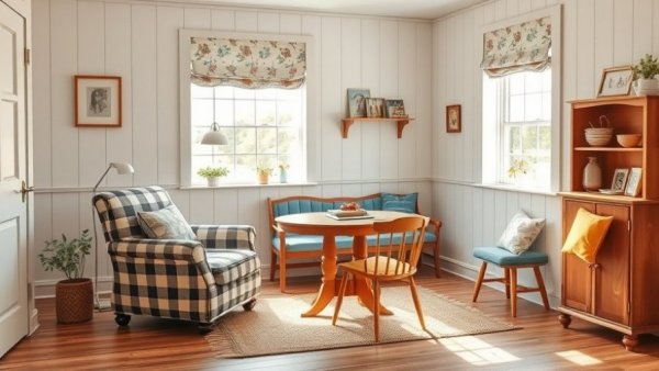Bright farmhouse living room with vintage decor, farm home renovation.