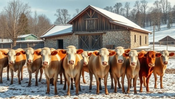 Rural farmyard, cows with rustic barn, reevaluating artificial insemination.