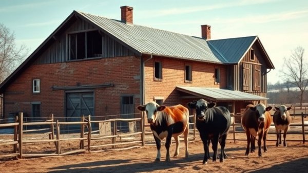 Cattle in front of a rustic farmhouse during winter, illustrating Artificial Insemination in Cattle Breeding environment.